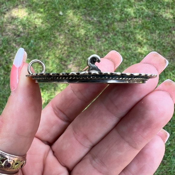 Vintage Sterling Silver Taxco Mexico Turquoise & Lapis Inlay Brooch Pendant - Picture 10 of 17